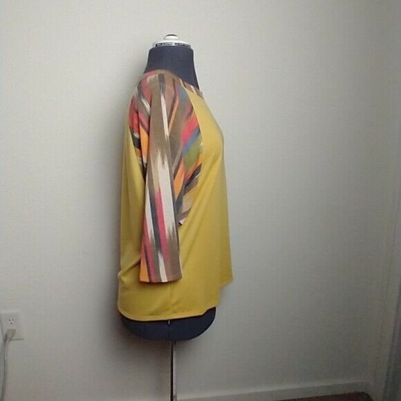 Ces'Femme Bohemian Mustard Stripe Dolman Sleeve Scoop Neck Small Blouse - Picture 9 of 10